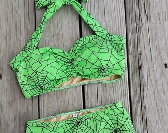 Green, Pink, or Blue Spiderweb print high waist bikini two piece swimsuit size S-XL