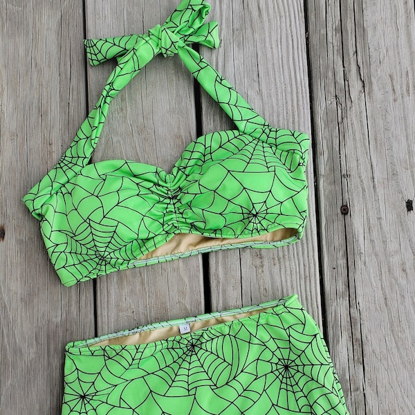 Green, Pink, or Blue Spiderweb print high waist bikini two piece swimsuit size S-XL