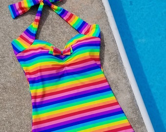 Rainbow stripe Retro Pin up one piece swimsuit size S-XL