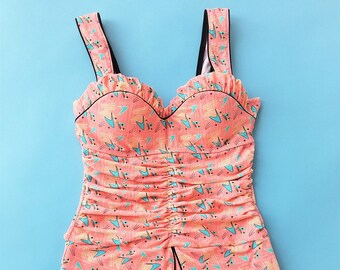 Mid Century modern Boomerang print pink vintage pinup style womens one piece swimsuit