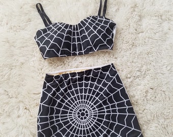 vintage inspiré deux pièces spiderweb set taille haute bikini jupe de bain rétro pinup maillot de bain Fabriqué sur commande