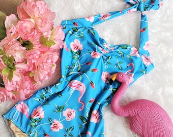 Spring Dream ~ Pink Flamingo & floral print one piece Womens swimsuit S - 2XL