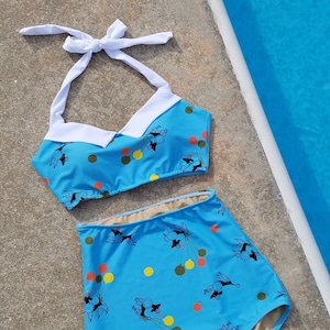 Red Dolly Blue poodle print two piece high waist bikini