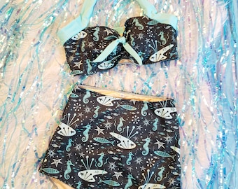 Under the sea mid century print high waist bikini - Made to order