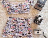 Pink vintage camera print Women 39 s Retro Pin up High waist bikini Two piece swimsuit