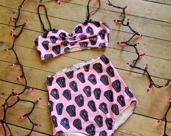 Pink & black coffin print two piece swimsuit high waist bikini - Made to order