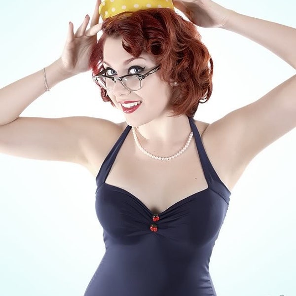 Navy with Cherries One Piece retro Pin Up Maillot Swimsuit