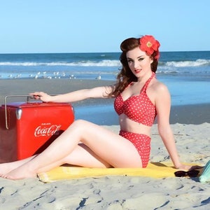 Red Dolly Red & White polka dot Retro Pin up High waist bikini Two piece swimsuit size S-XL