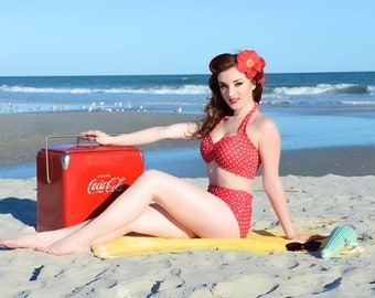 Red Dolly Red & White polka dot Retro Pin up High waist bikini Two piece swimsuit size S-XL