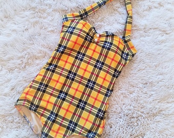 Clueless Cher inspired yellow plaid one piece swimsuit retro swimming costume dance Made to order