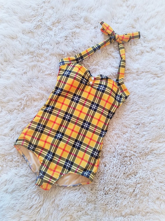 Clueless Cher Inspired Yellow Plaid One Piece Swimsuit Retro