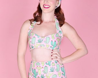 SALE .. Pink Cactus print Women's Retro Pin up vintage High waist bikini Two piece swimsuit