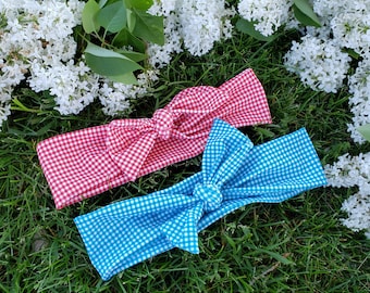 Gingham hand ties head wrap - Red or Blue