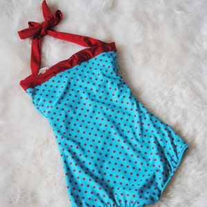 Red Dolly The Dottie ... Teal and Red Polka dot one piece Pin Up Maillot Swimsuit Bow sizes xs-xl image 3