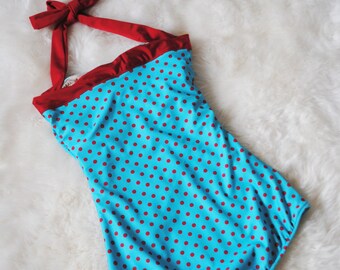 Red Dolly ~The Dottie  Teal and Red Polka dot one piece Pin Up Maillot  Swimsuit Bow sizes xs-xl