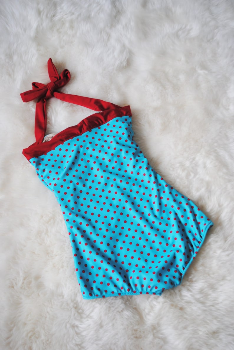 Red Dolly The Dottie ... Teal and Red Polka dot one piece Pin Up Maillot Swimsuit Bow sizes xs-xl image 3