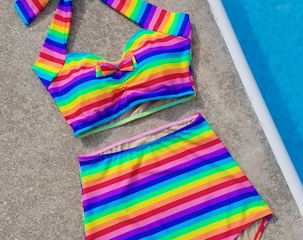 Rainbow stripe Retro Pin up bikini Two piece swimsuit size S-XL