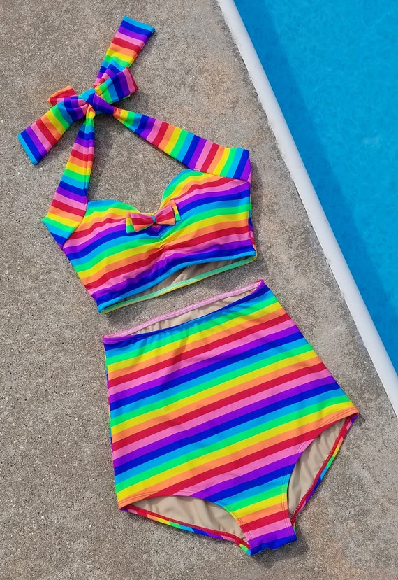 Rainbow Stripe Retro Pin up Bikini Two Piece Swimsuit Size - Etsy