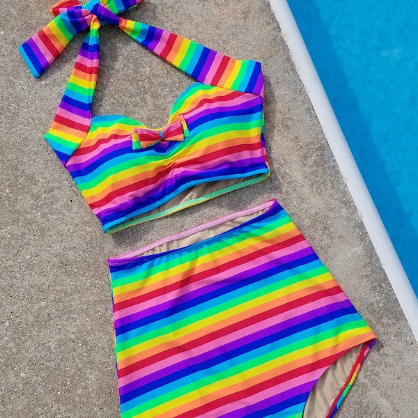 Raya arco iris Retro Pin up bikini Traje de baño de dos piezas talla S-XL