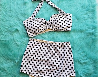 Red Dolly White & black polka dots retro pin up high waist bikini two piece swimsuit S-XL Made to order