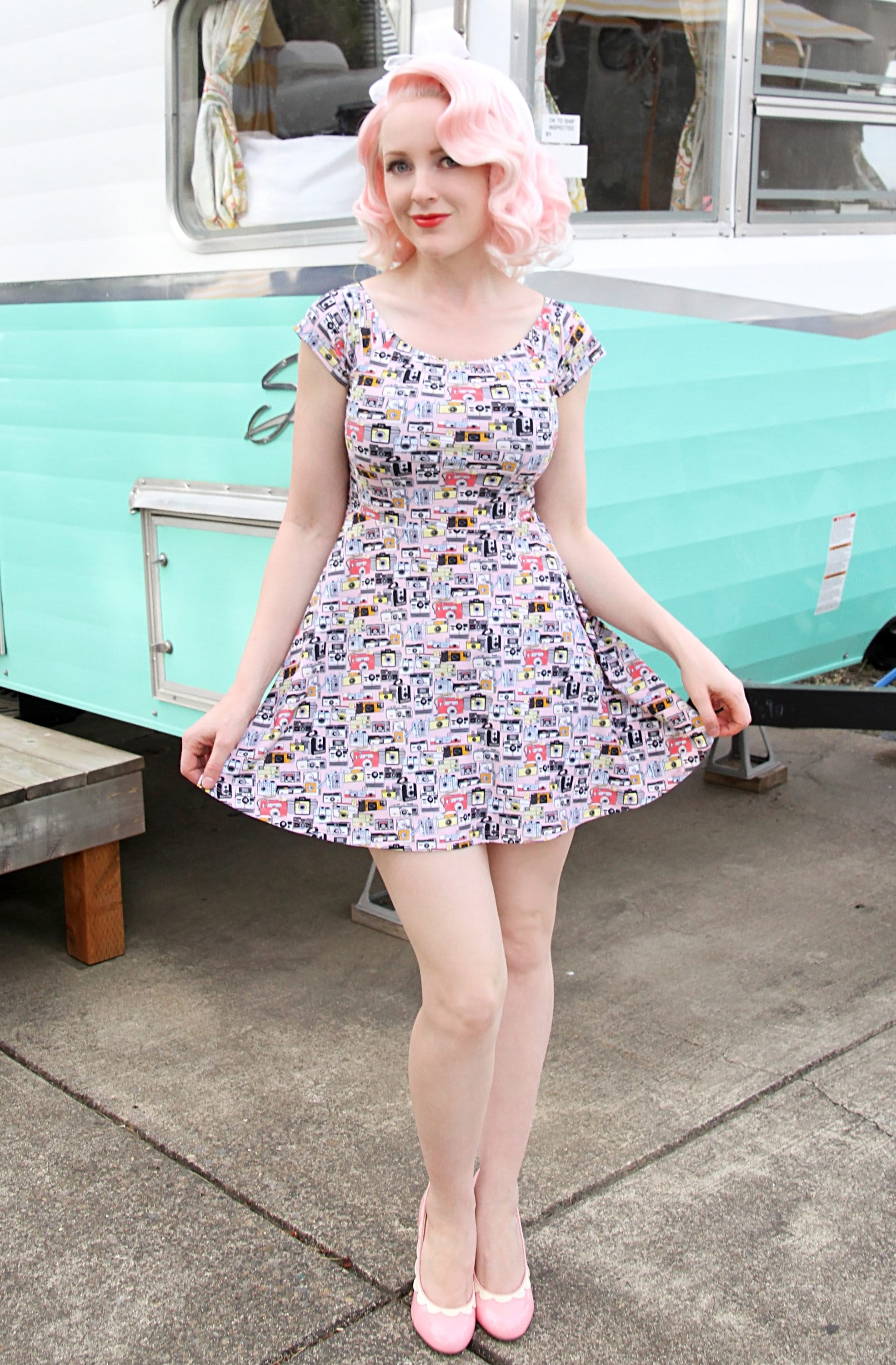 Pink Vintage Camera Print Women S Retro Skater Dress Etsy