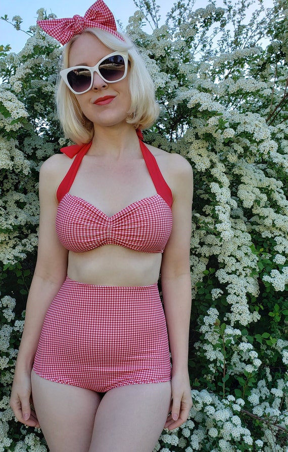 Red gingham high waisted bikini sales
