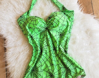 Spiderweb print in Green, Pink, or Blue one piece swimsuit size S - 2XL