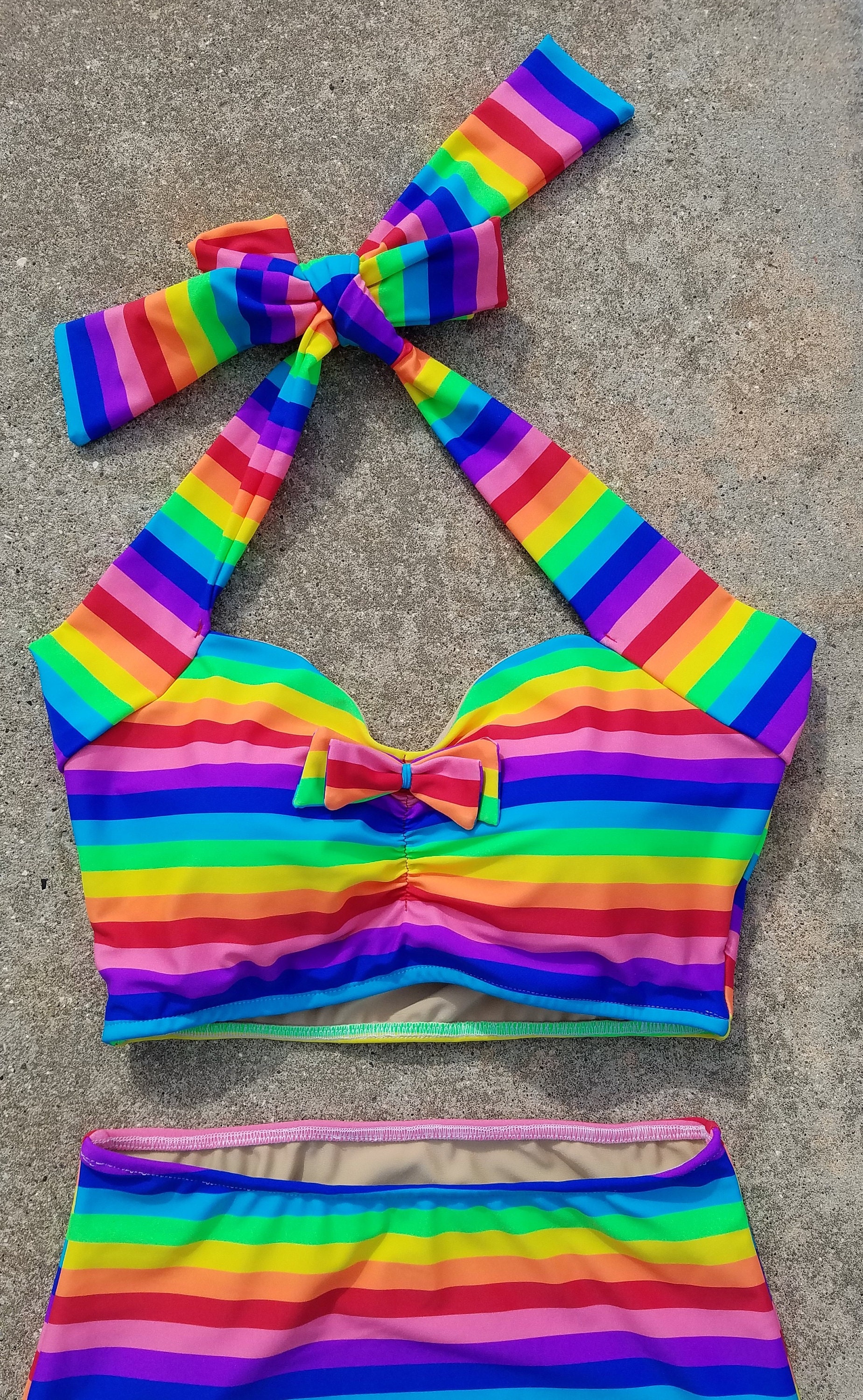 Plus Size Rainbow Two Piece Swimsuit Rainbow Stripe Retro Pin Up