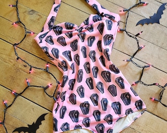 Pink & black coffin print one piece swimsuit