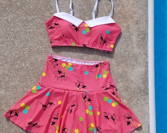 Pink poodle balloon print Retro Pin up bikini skirted  boy short Two piece swimsuit size S-2XL