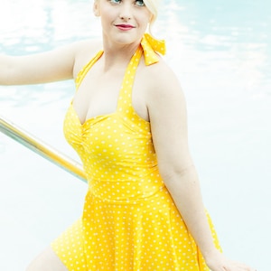 The Bella Yellow and White Polka dot Retro Swim Set one piece Maillot Swimsuit with Matching Skirt