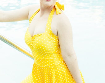 The Bella Yellow and White Polka dot Retro Swim Set one piece Maillot Swimsuit with Matching Skirt