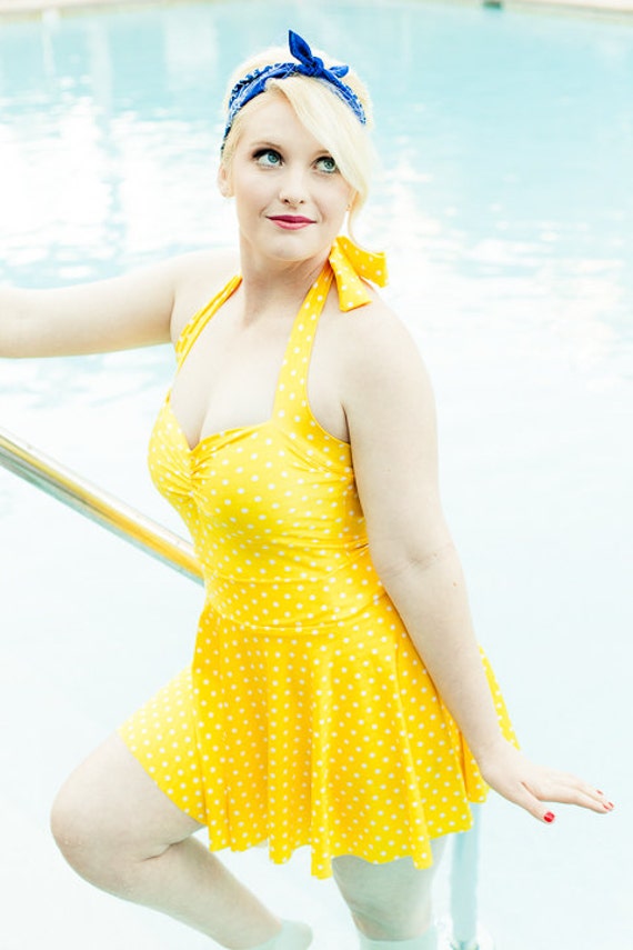 The Bella Yellow and White Polka Dot Retro Swim Set One Piece Maillot  Swimsuit With Matching Skirt 