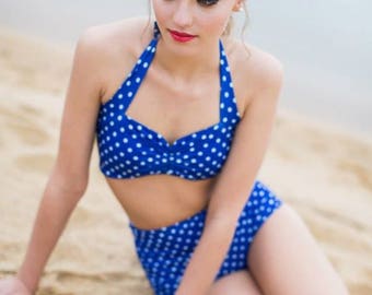 Royal Blue & White polka dot Retro Pin up bikini Two piece swimsuit size xs-xl