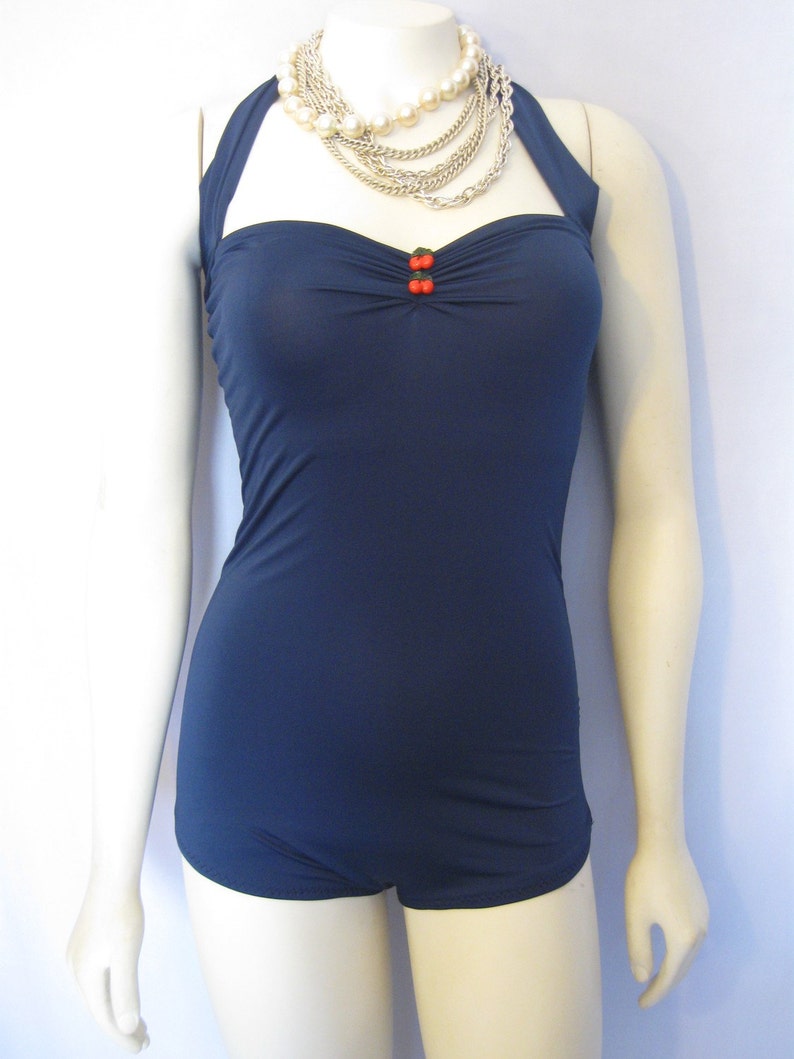 Navy with Cherries One Piece retro Pin Up Maillot Swimsuit Etsy