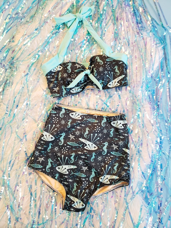 Under the Sea Mid Century Print High Waist Bikini Made to Order Etsy