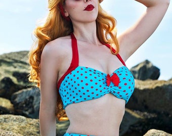 The Dottie ... Teal and Red Polka dot two piece Pin Up high waist bikini Swimsuit Bow sizes xs-xl