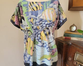 Fish Print - Upcycled vintage towel dress S-XL OSFM