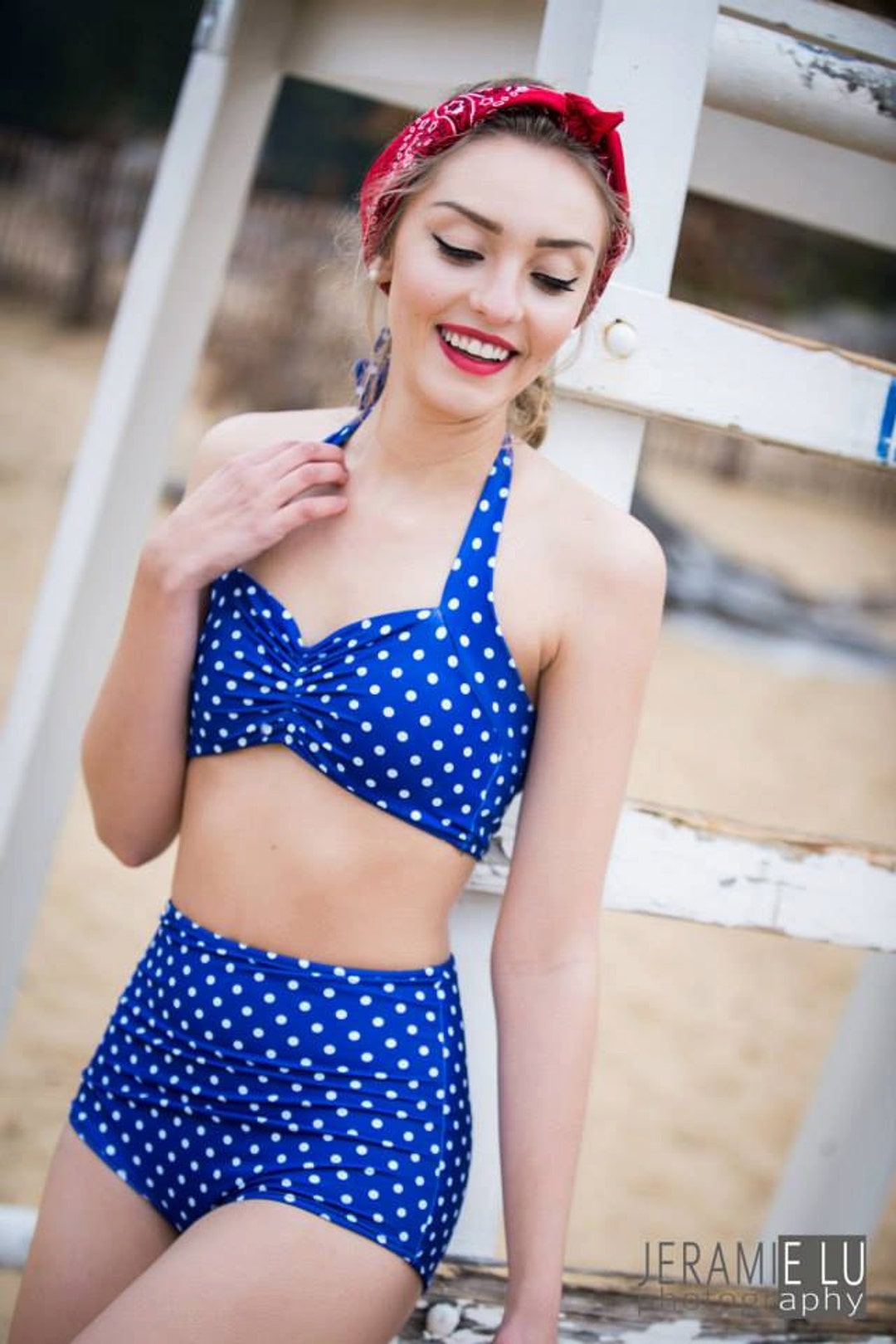 Retro Polka Dot Pin up Bikini Halter Vintage Style Swim Top 