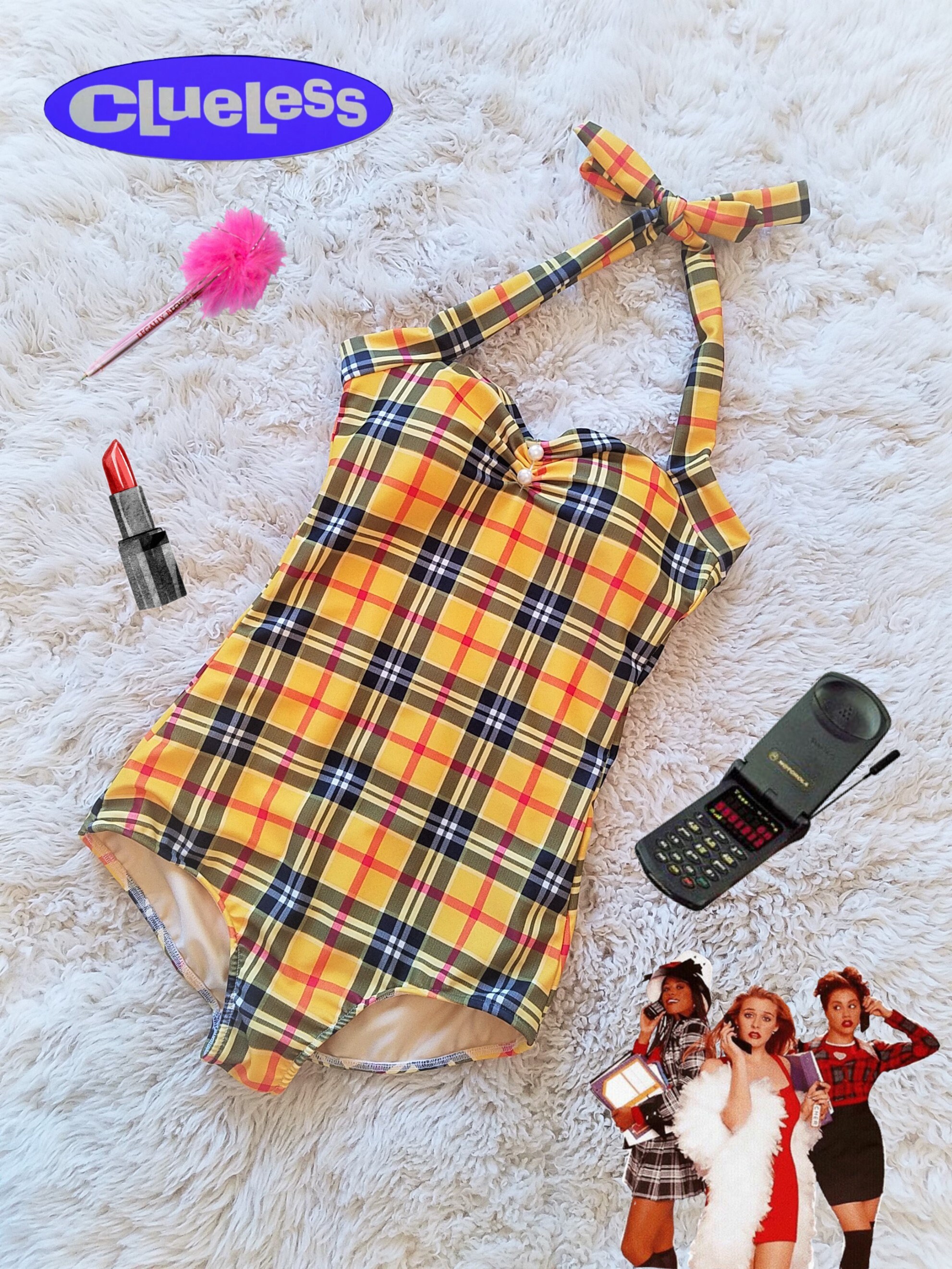 Clueless Cher Inspired Yellow Plaid One Piece Swimsuit Retro