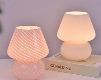 Korean Ins Style Glass LED Desk Lamp - Cute Striped Mushroom Table Decor for Bedroom Bedside