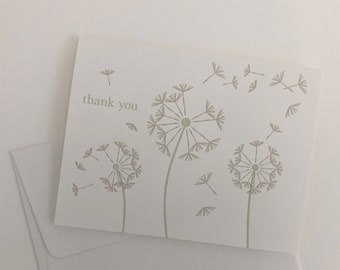 Letterpress Green Dandelion Thank You Notecards