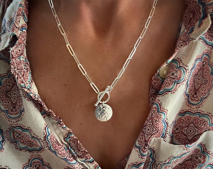 Silver Paperclip Toggle Medallion Necklace | 925 sterling silver | flat links 4x11.5mm