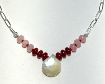 Pearl Necklace | pink + red rondelles | paperclip chain