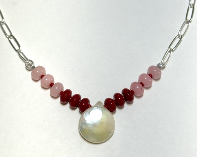 Pearl Necklace | pink + red rondelles | paperclip chain
