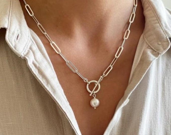 Sterling Silver Toggle Necklace | optional pearl | paperclip chain 4x11mm links