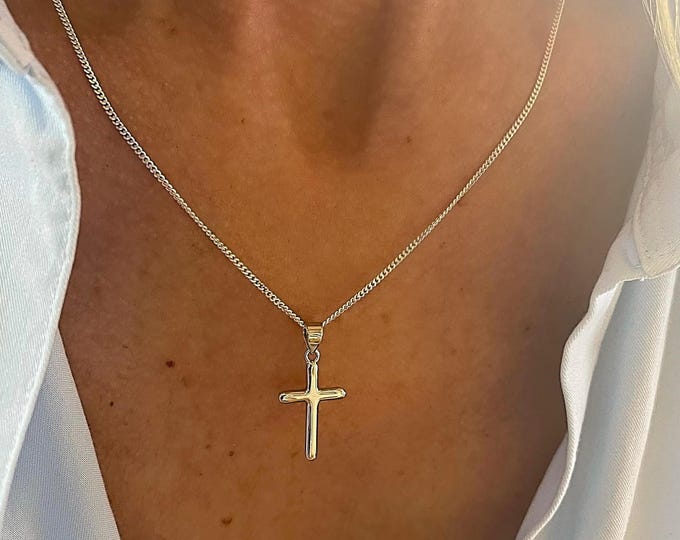 Dainty Silver Cross Necklace | Curb Chain 1.5mm