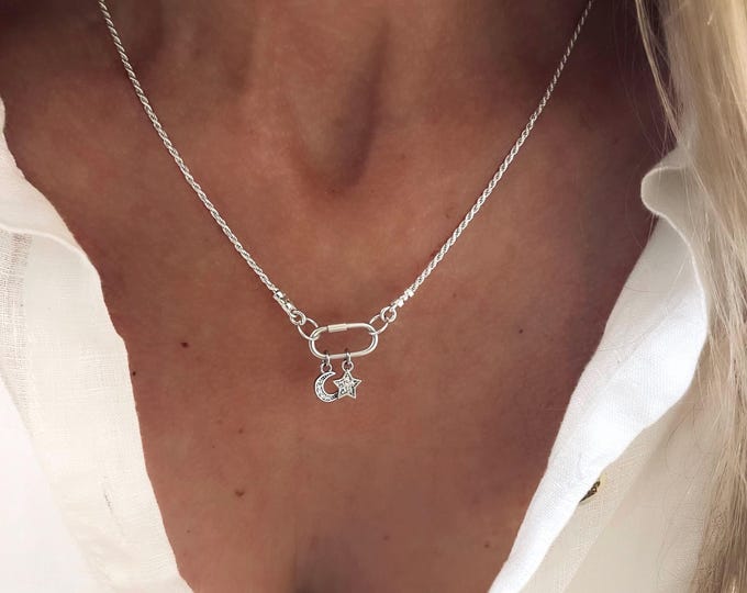 Sterling Silver Rope Chain Carabiner Necklace | optional star + moon charms | dainty jewelry for her