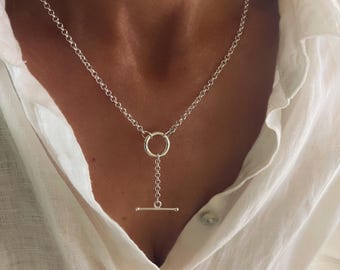 Sterling Silver T Bar + Charm Clasp Necklace | 2.8mm rolo chain