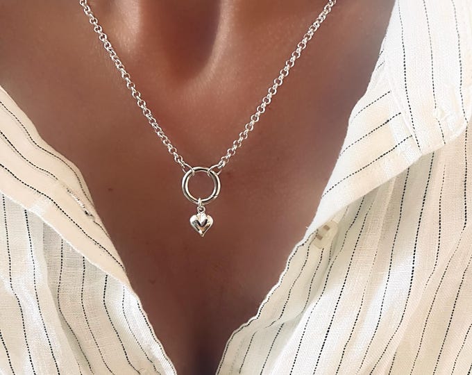 Sterling Silver Charm Clasp Necklace with puffy heart | 2.8mm rolo chain